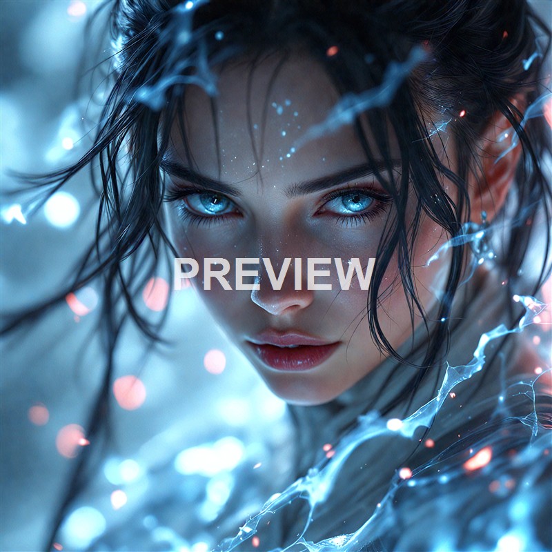 A close-up of a woman's face with striking blue eyes, wet hair, and glowing electric-like sparks surrounding her, creating a futuristic and intense atmosphere.
